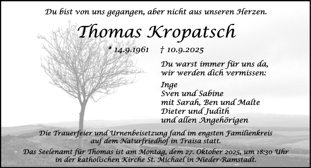  Traueranzeige für Thomas Kropatsch vom 27.09.2025 aus Darmstädter Echo