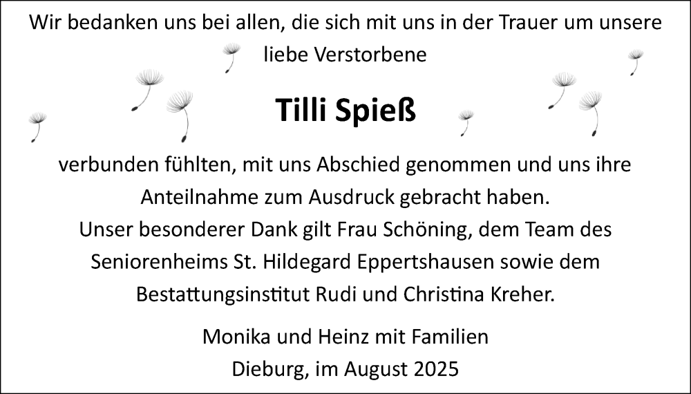  Traueranzeige für Tilli Spieß vom 30.08.2025 aus Dieburger Anzeiger/Groß-Zimmerner Lokal-Anzeiger