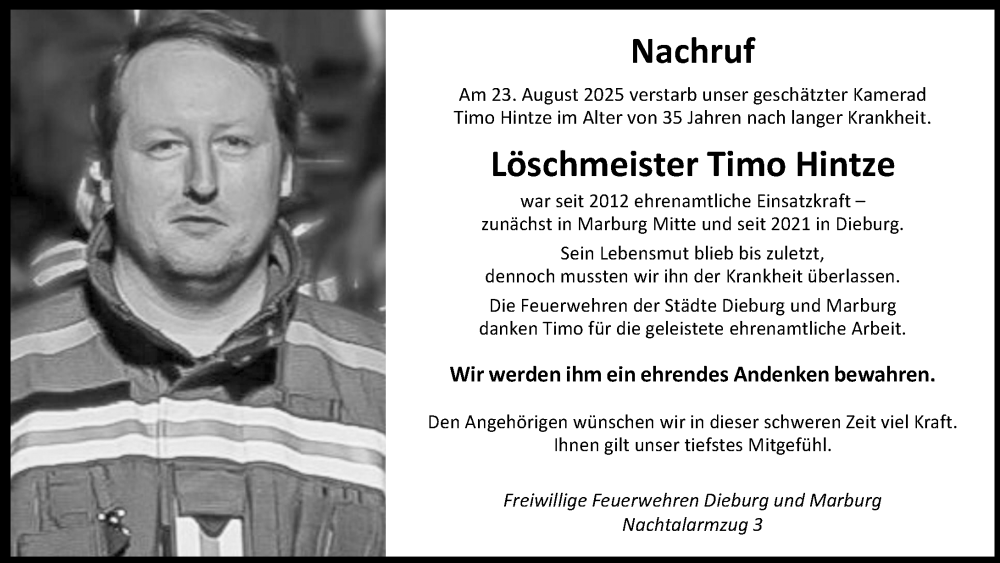  Traueranzeige für Timo Hintze vom 30.08.2025 aus Dieburger Anzeiger/Groß-Zimmerner Lokal-Anzeiger