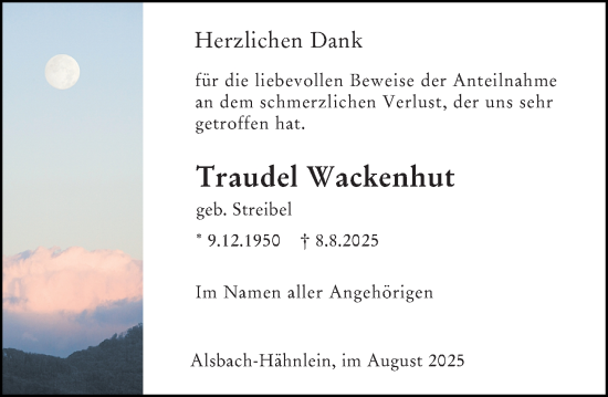 Traueranzeige von Traudel Wackenhut von Darmstädter Echo