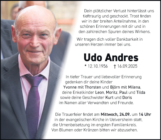 Traueranzeige von Udo Andres von Allgemeine Zeitung Mainz
