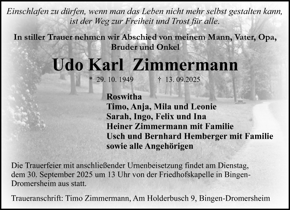  Traueranzeige für Udo Karl Zimmermann vom 20.09.2025 aus Binger-/Ingelheimer Wochenblatt
