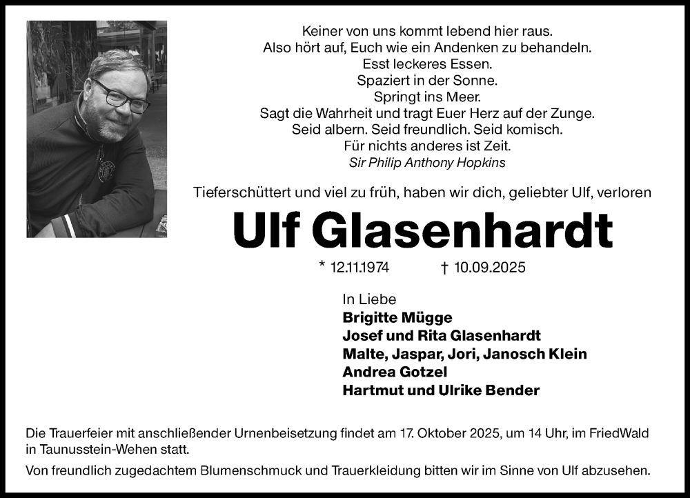  Traueranzeige für Ulf Glasenhardt vom 27.09.2025 aus Wiesbadener Kurier