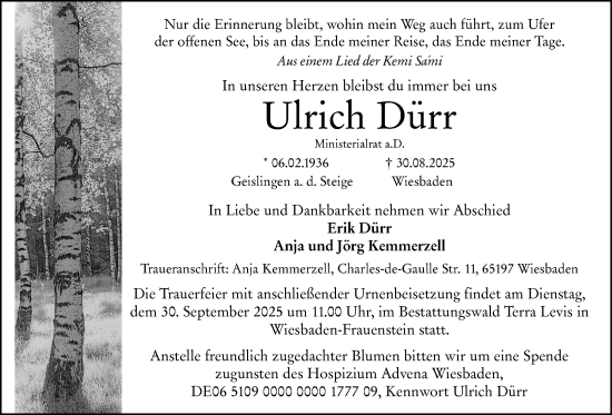 Traueranzeige von Ulrich Dürr von Wiesbadener Kurier