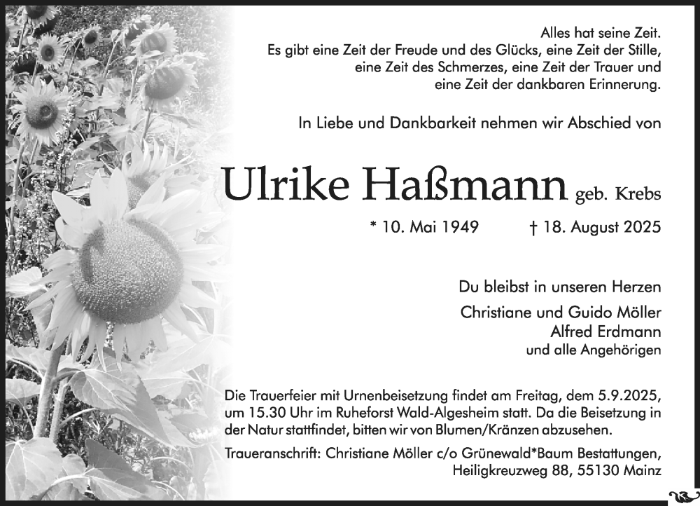  Traueranzeige für Ulrike Hafsmann vom 30.08.2025 aus Allgemeine Zeitung Mainz