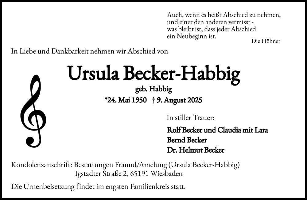  Traueranzeige für Ursula Becker-Habbig vom 30.08.2025 aus Wiesbadener Kurier
