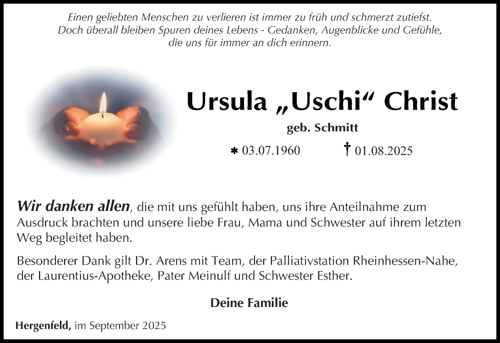  Traueranzeige für Ursula Christ vom 20.09.2025 aus Allgemeine Zeitung Rheinhessen-Nahe