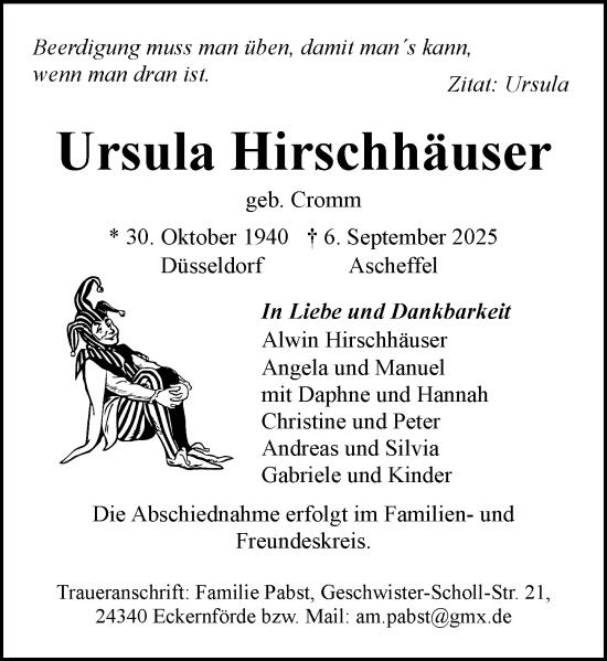 Traueranzeige von Ursula Hirschhäuser von Nassauische Neue Presse