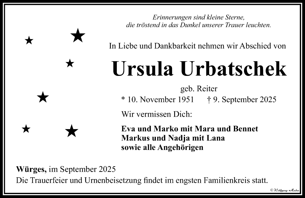  Traueranzeige für Ursula Urbatschek vom 18.09.2025 aus Camberger Anzeiger