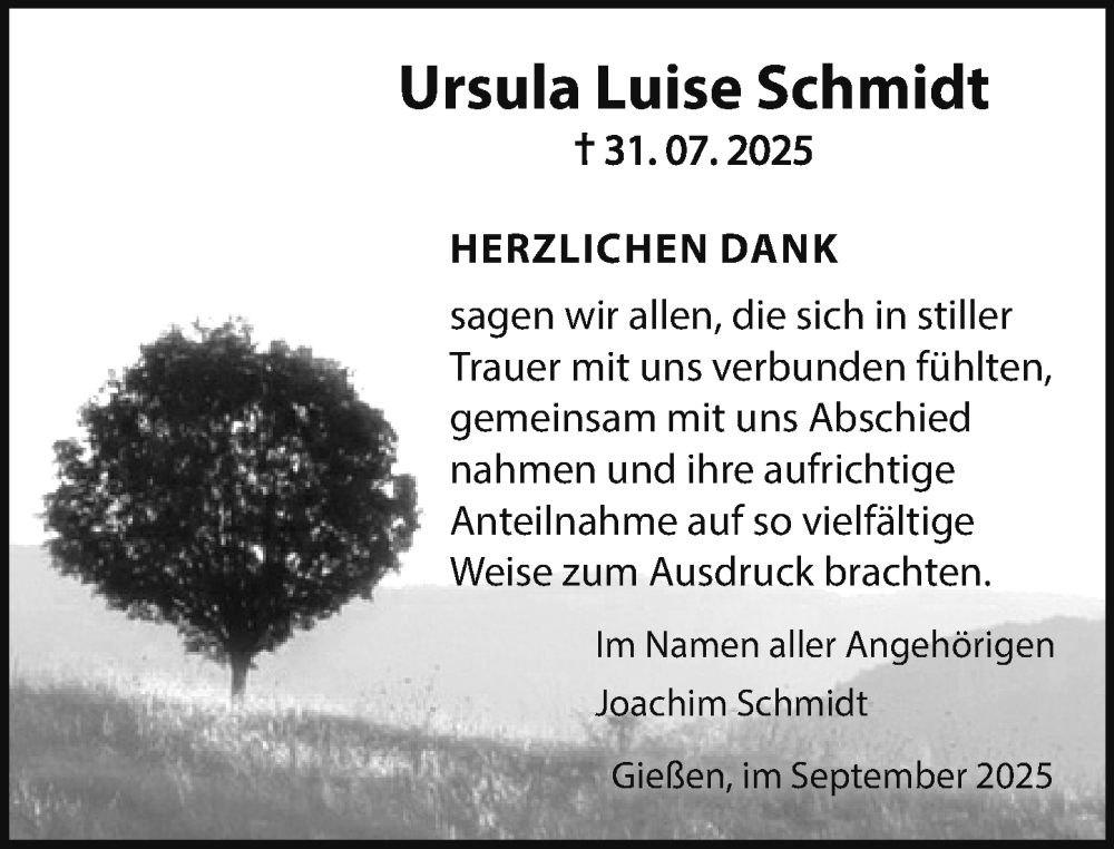  Traueranzeige für Ursula Luise Schmidt vom 06.09.2025 aus Wetzlarer Neue Zeitung