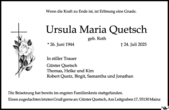 Traueranzeige von Ursula Maria Quetsch von Allgemeine Zeitung Mainz