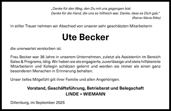 Traueranzeige von Ute Becker von Dill Block