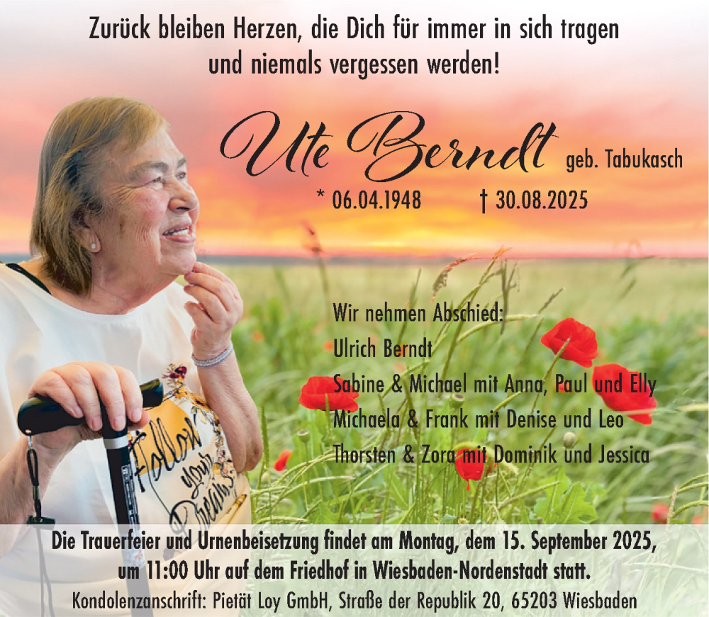  Traueranzeige für Ute Berndt vom 06.09.2025 aus Wiesbadener Kurier