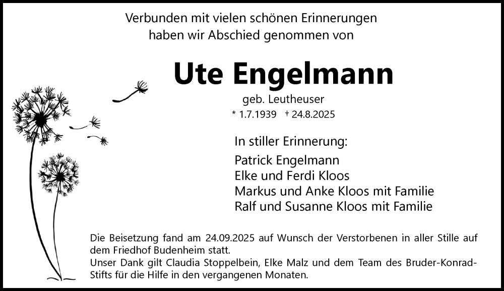  Traueranzeige für Ute Engelmann vom 27.09.2025 aus Allgemeine Zeitung Mainz
