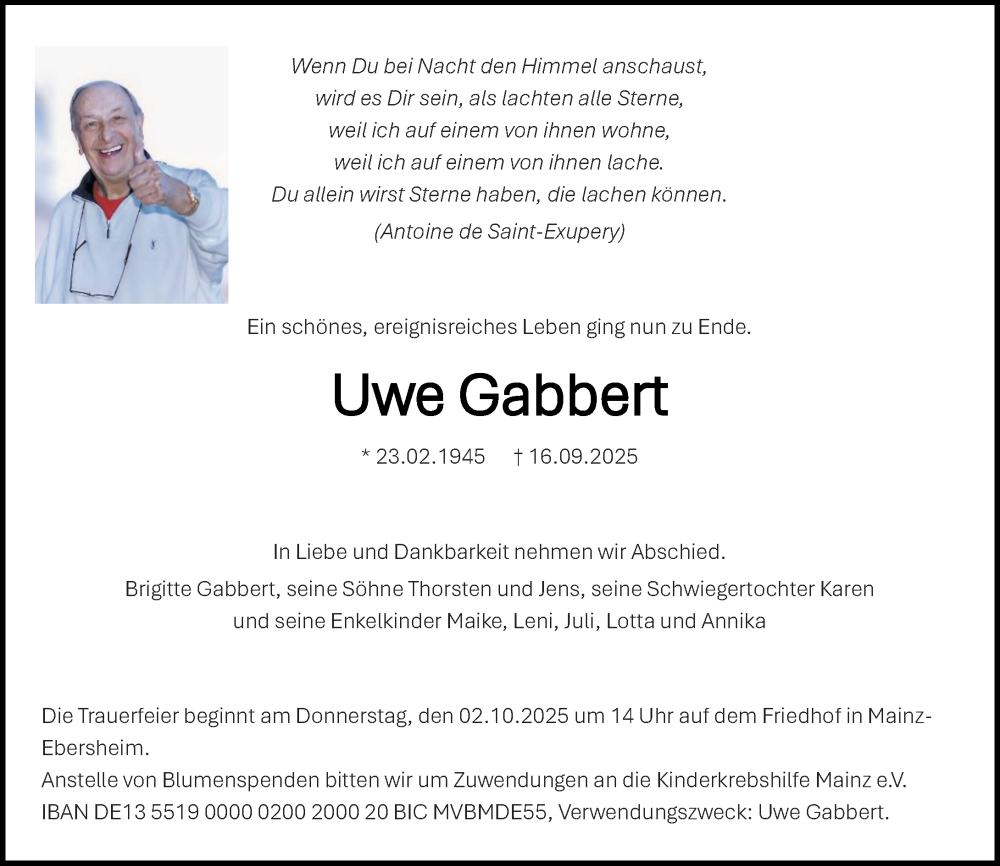  Traueranzeige für Uwe Gabbert vom 27.09.2025 aus Allgemeine Zeitung Mainz