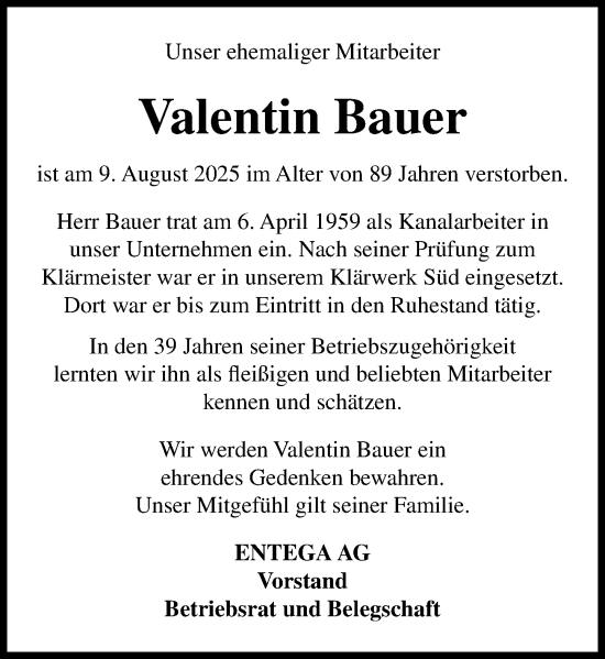 Traueranzeige von Valentin Bauer von Odenwälder Echo