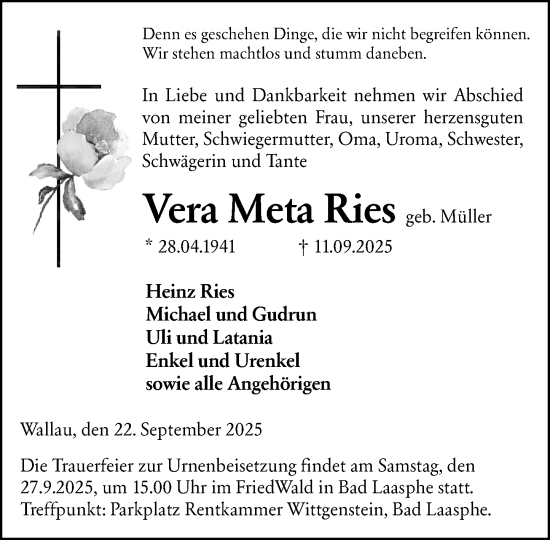 Traueranzeige von Vera Meta Ries von Hinterländer Anzeiger