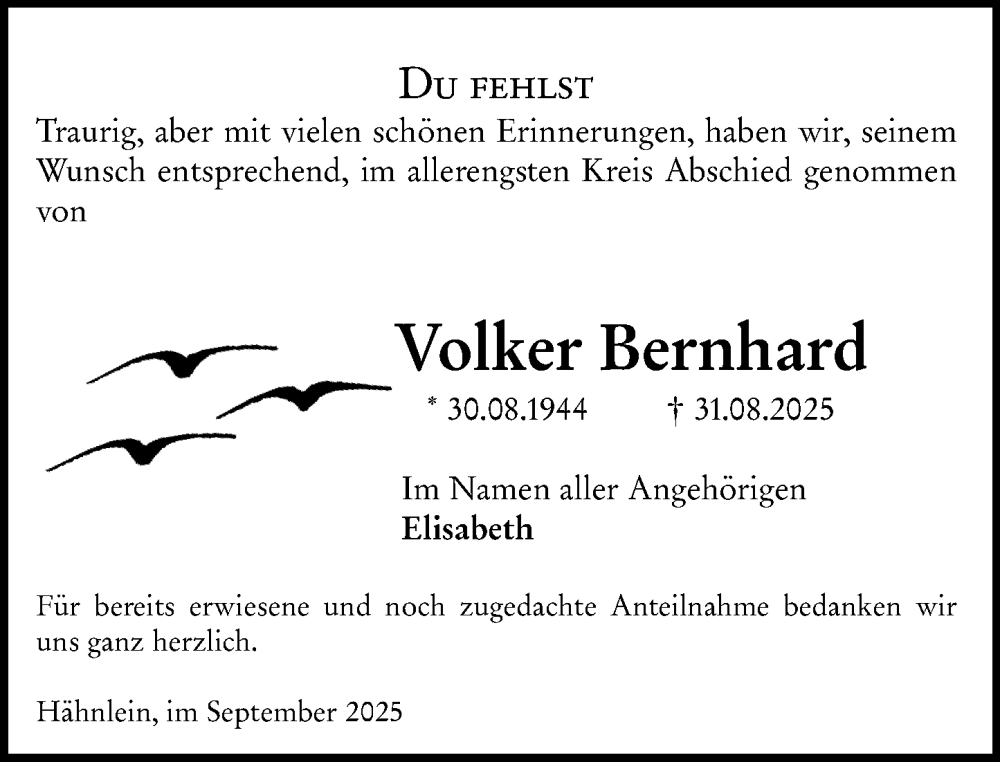  Traueranzeige für Volker Bernhard vom 13.09.2025 aus Darmstädter Echo