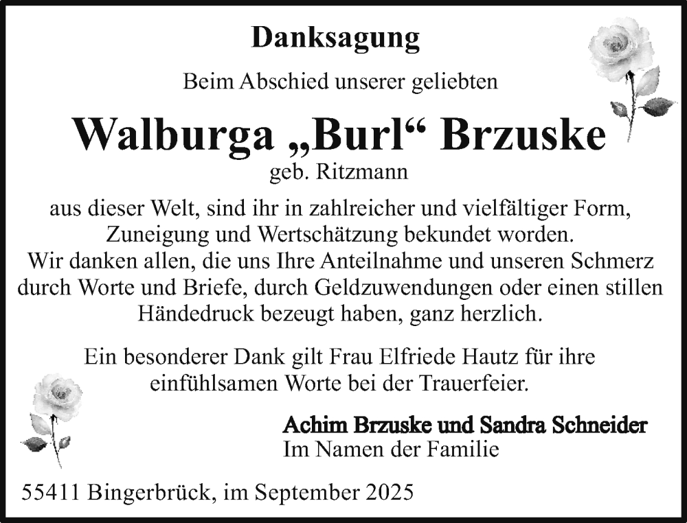  Traueranzeige für Walburga Brzuske vom 13.09.2025 aus Binger-/Ingelheimer Wochenblatt