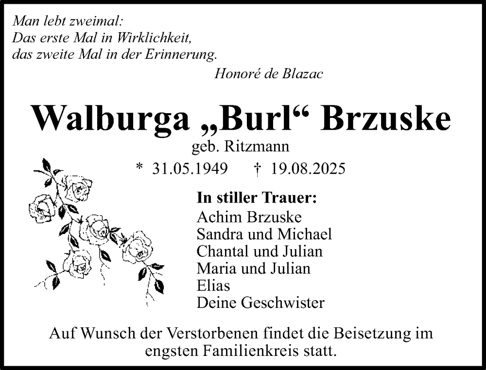  Traueranzeige für Walburga Brzuske vom 30.08.2025 aus Binger-/Ingelheimer Wochenblatt