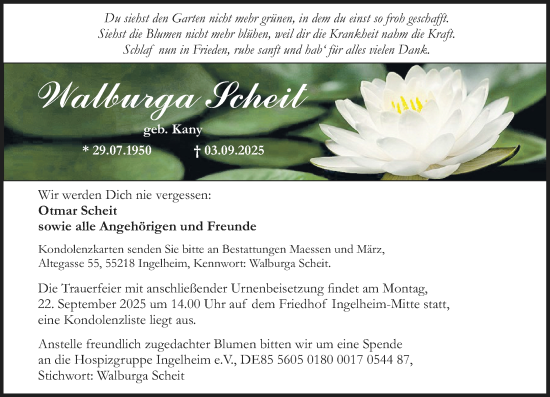 Traueranzeige von Walburga Scheit von Binger-/Ingelheimer Wochenblatt