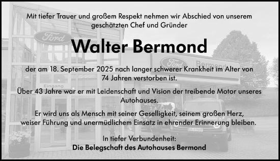 Traueranzeige von Walter Bermond von Darmstädter Echo