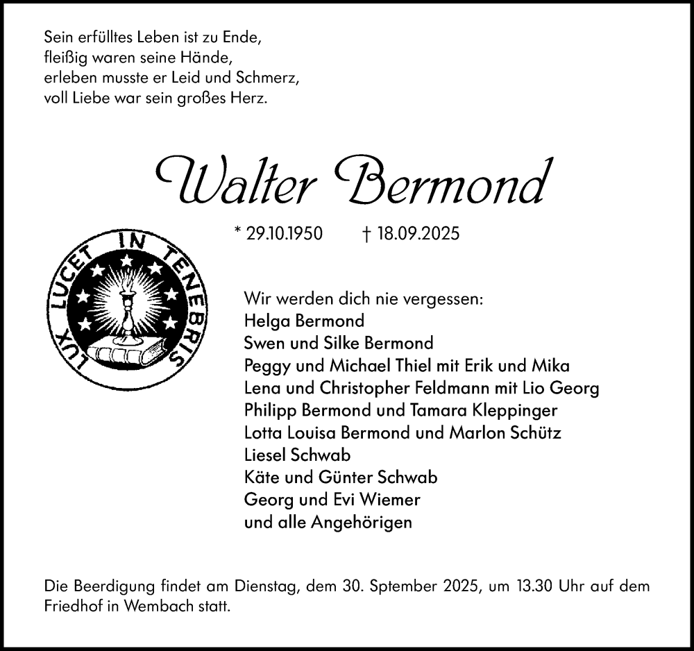  Traueranzeige für Walter Bermond vom 27.09.2025 aus Darmstädter Echo