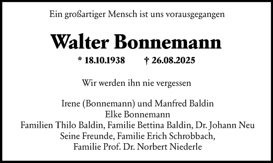 Traueranzeige von Walter Bonnemann von Wiesbadener Kurier