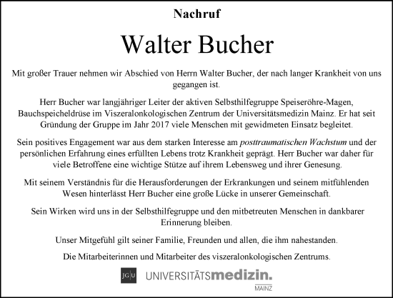 Traueranzeige von Walter Bucher von Allgemeine Zeitung Mainz