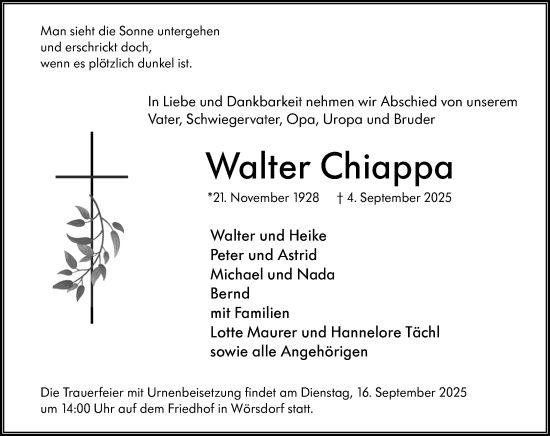 Traueranzeige von Walter Chiappa von Idsteiner Land/Untertaunus