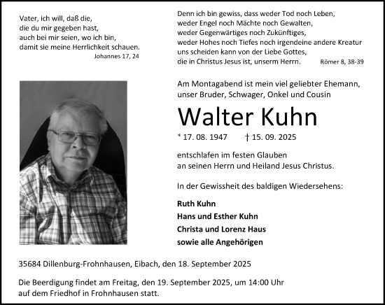 Traueranzeige von Walter Kuhn von Dill Block