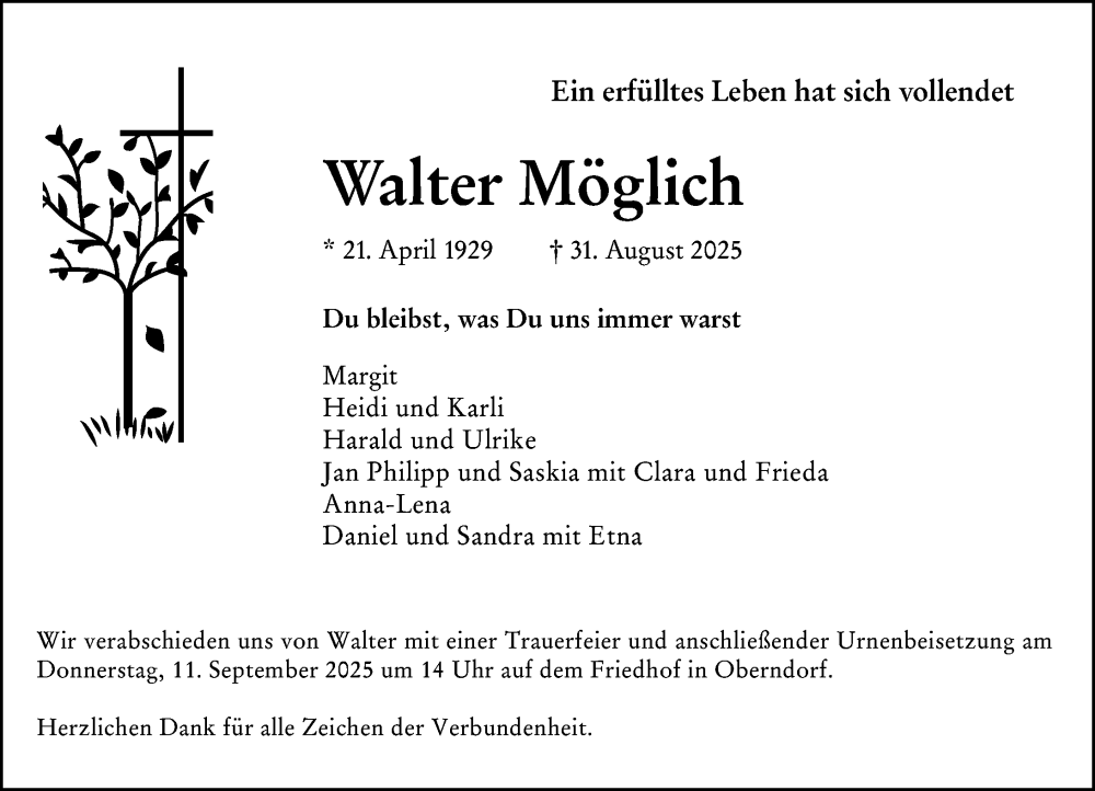  Traueranzeige für Walter Möglich vom 06.09.2025 aus Wetzlarer Neue Zeitung