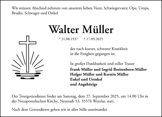 Traueranzeige von Walter Müller von Wetzlarer Neue Zeitung