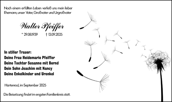 Traueranzeige von Walter Pfeiffer von Hinterländer Anzeiger