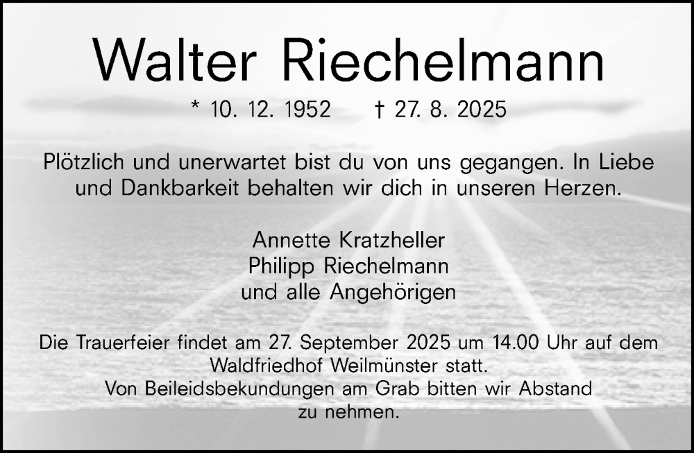  Traueranzeige für Walter Riechelmann vom 20.09.2025 aus Weilburger Tageblatt
