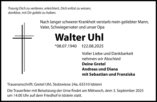 Traueranzeige von Walter Uhl von Idsteiner Land/Untertaunus