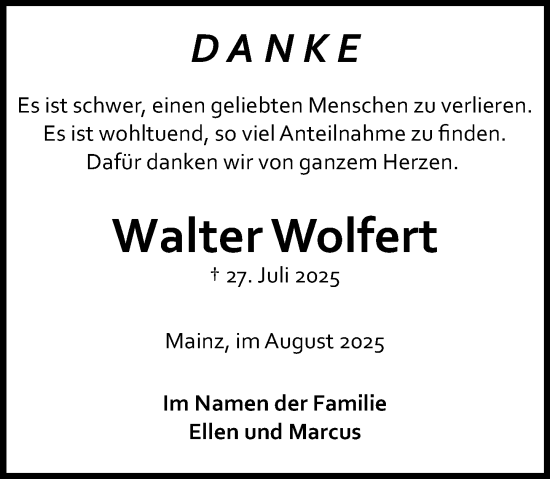 Traueranzeige von Walter Wolfert von Allgemeine Zeitung Mainz