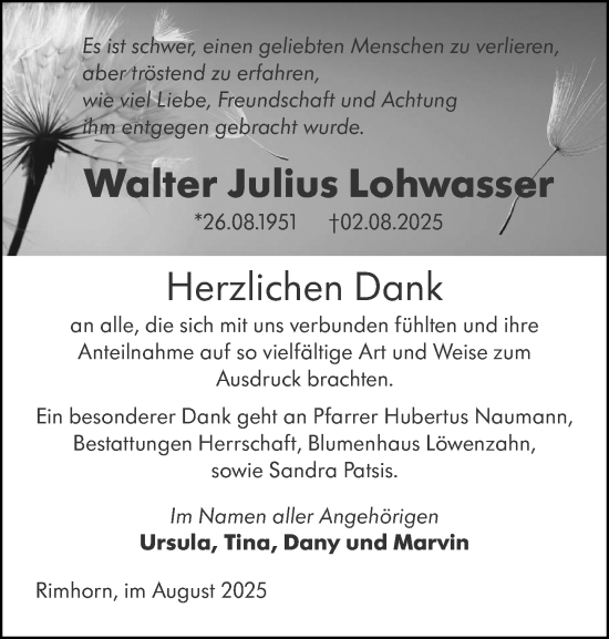 Traueranzeige von Walter Julius Lohwasser von Odenwälder Echo