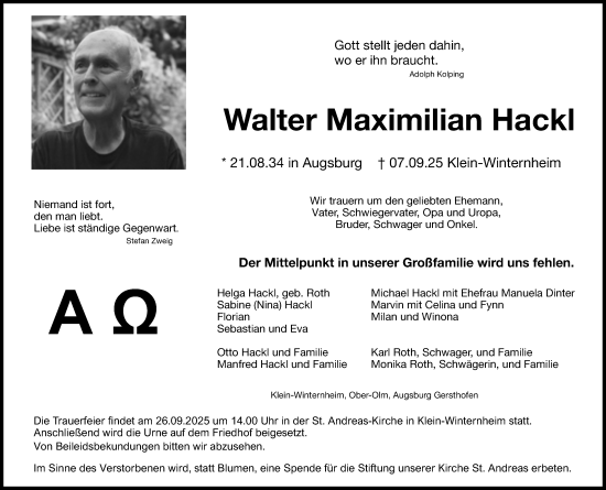 Traueranzeige von Walter Maximilian Hackl von Allgemeine Zeitung Mainz