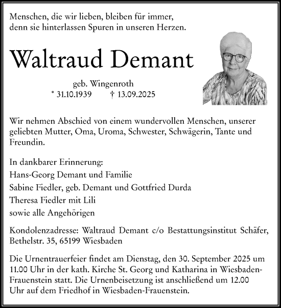 Traueranzeige von Waltraud Demant von Wiesbadener Kurier