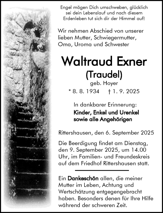 Traueranzeige von Waltraud Exner von Dill Block