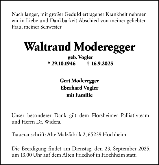 Traueranzeige von Waltraud Moderegger von Wiesbadener Kurier