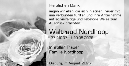 Traueranzeige von Waltraud Nordhoop von Dieburger Anzeiger/Groß-Zimmerner Lokal-Anzeiger