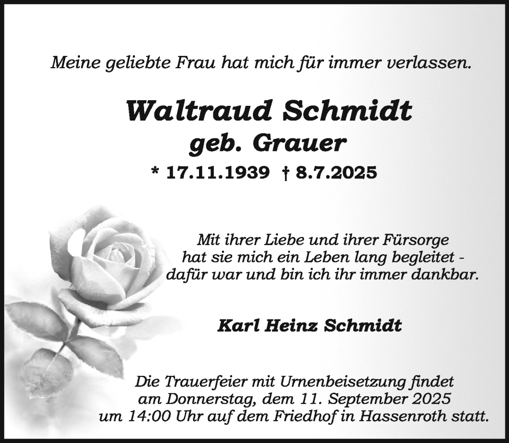  Traueranzeige für Waltraud Schmidt vom 06.09.2025 aus Odenwälder Echo