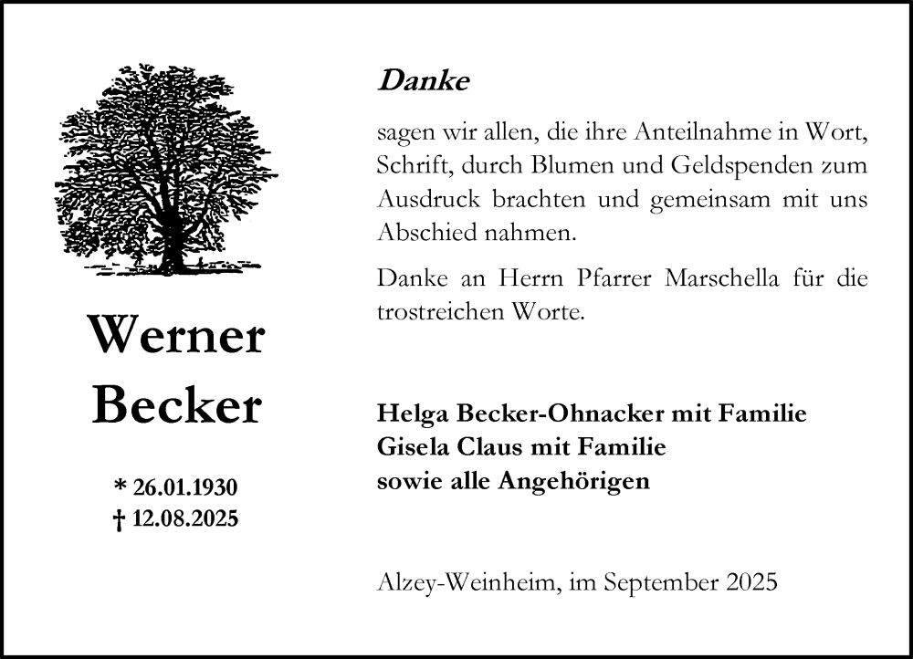  Traueranzeige für Werner Becker vom 13.09.2025 aus Allgemeine Zeitung Alzey