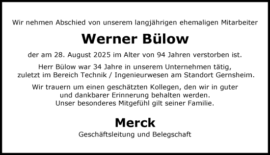 Traueranzeige von Werner Bülow von Darmstädter Echo