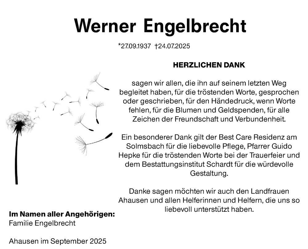  Traueranzeige für Werner Engelbrecht vom 06.09.2025 aus Weilburger Tageblatt