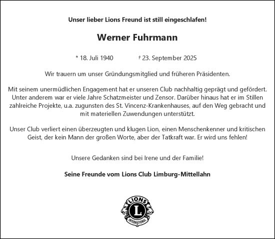 Traueranzeige von Werner Fuhrmann von Nassauische Neue Presse