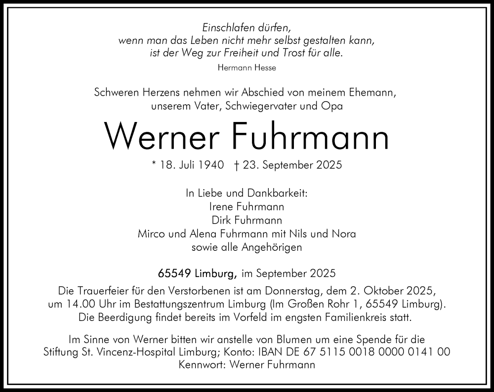  Traueranzeige für Werner Fuhrmann vom 27.09.2025 aus Nassauische Neue Presse