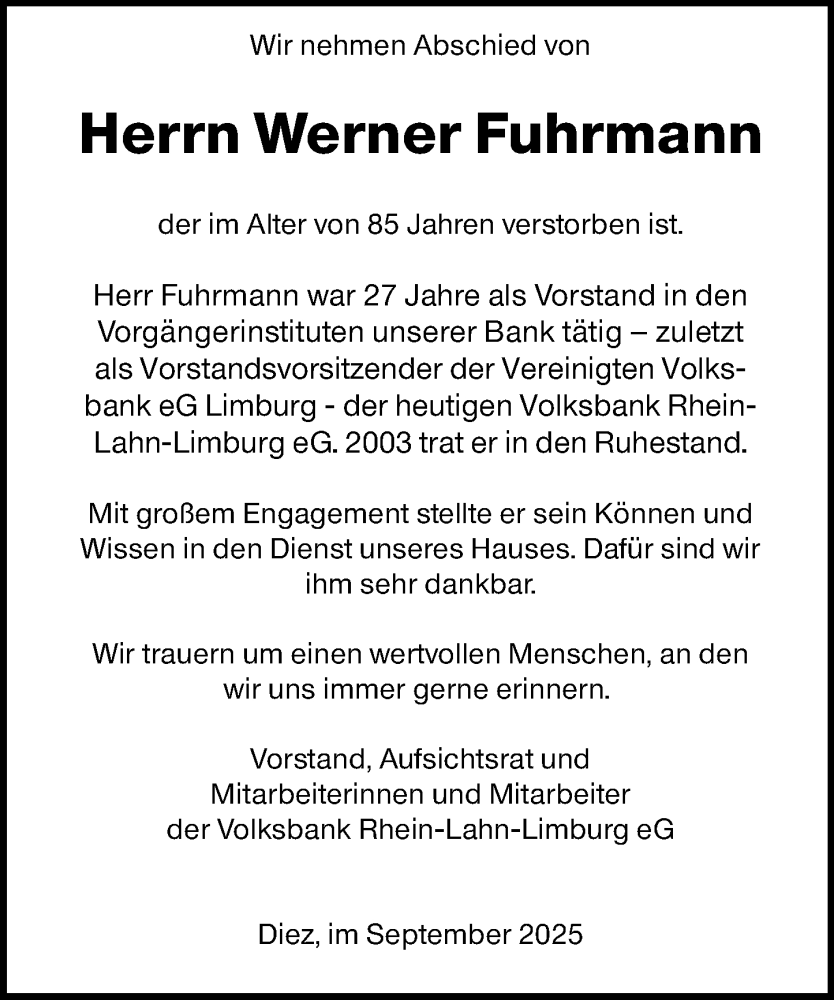  Traueranzeige für Werner Fuhrmann vom 27.09.2025 aus Nassauische Neue Presse